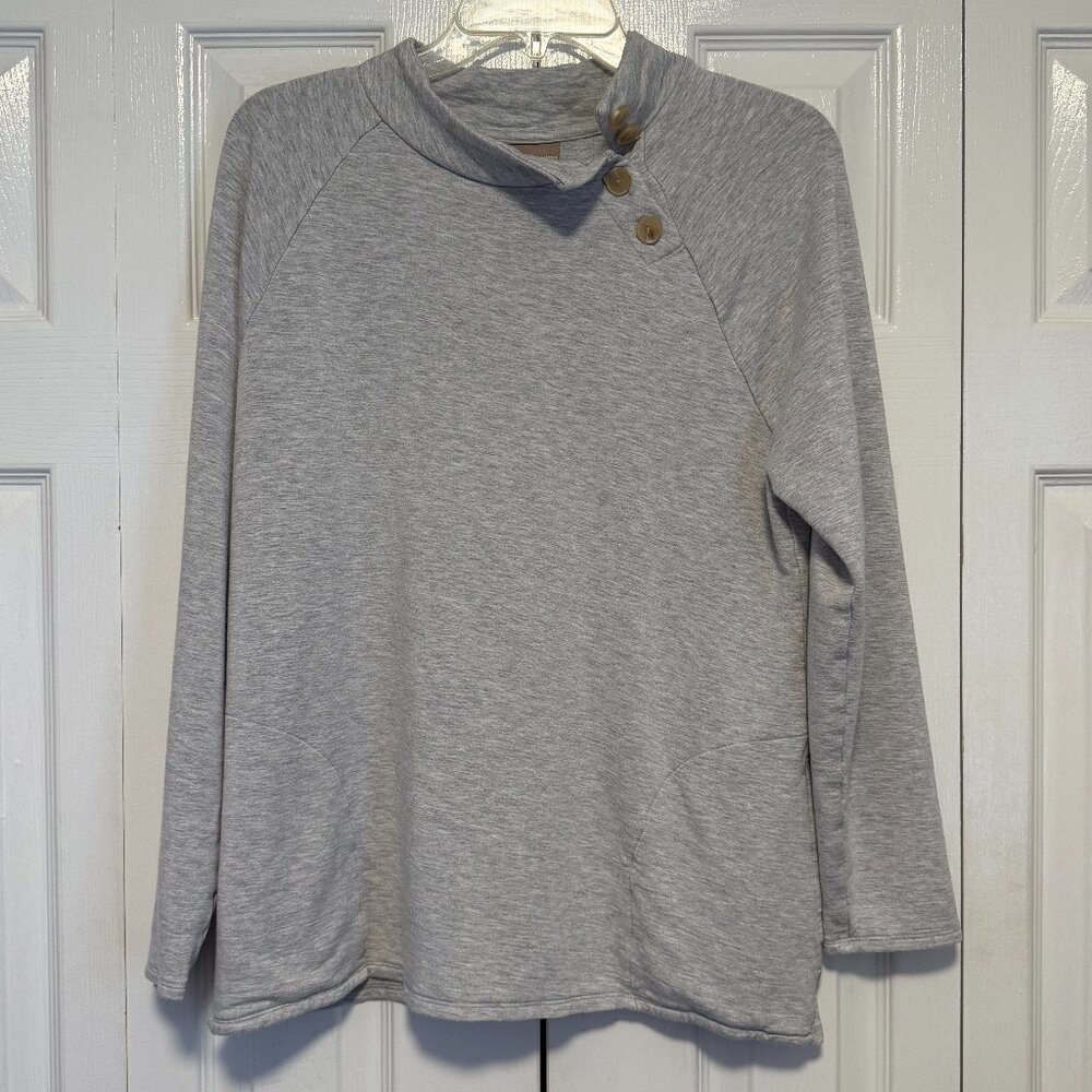 Chico's Cozisoft Gray Long Sleeve Top Mock Neck Pockets Size 2 Large